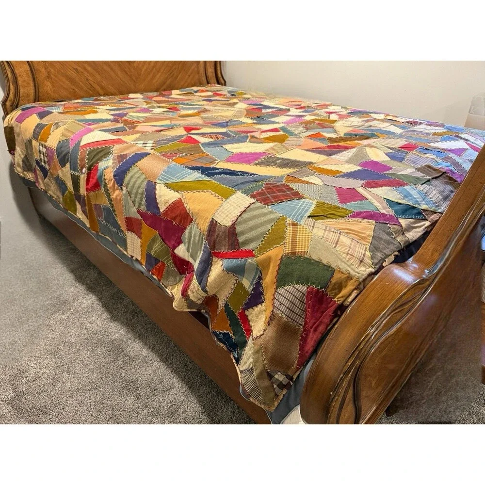 Antique Handmade Crazy Quilt Queen Size 80” X 84” Reversible Patchwork Floral